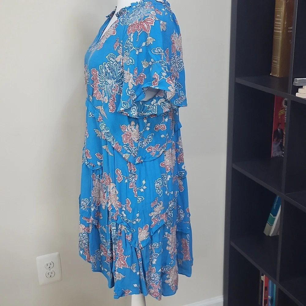 By ANTHROPOLOGIE Blue Robin Tiered Floral Mini Dress Size L - Picture 5 of 15